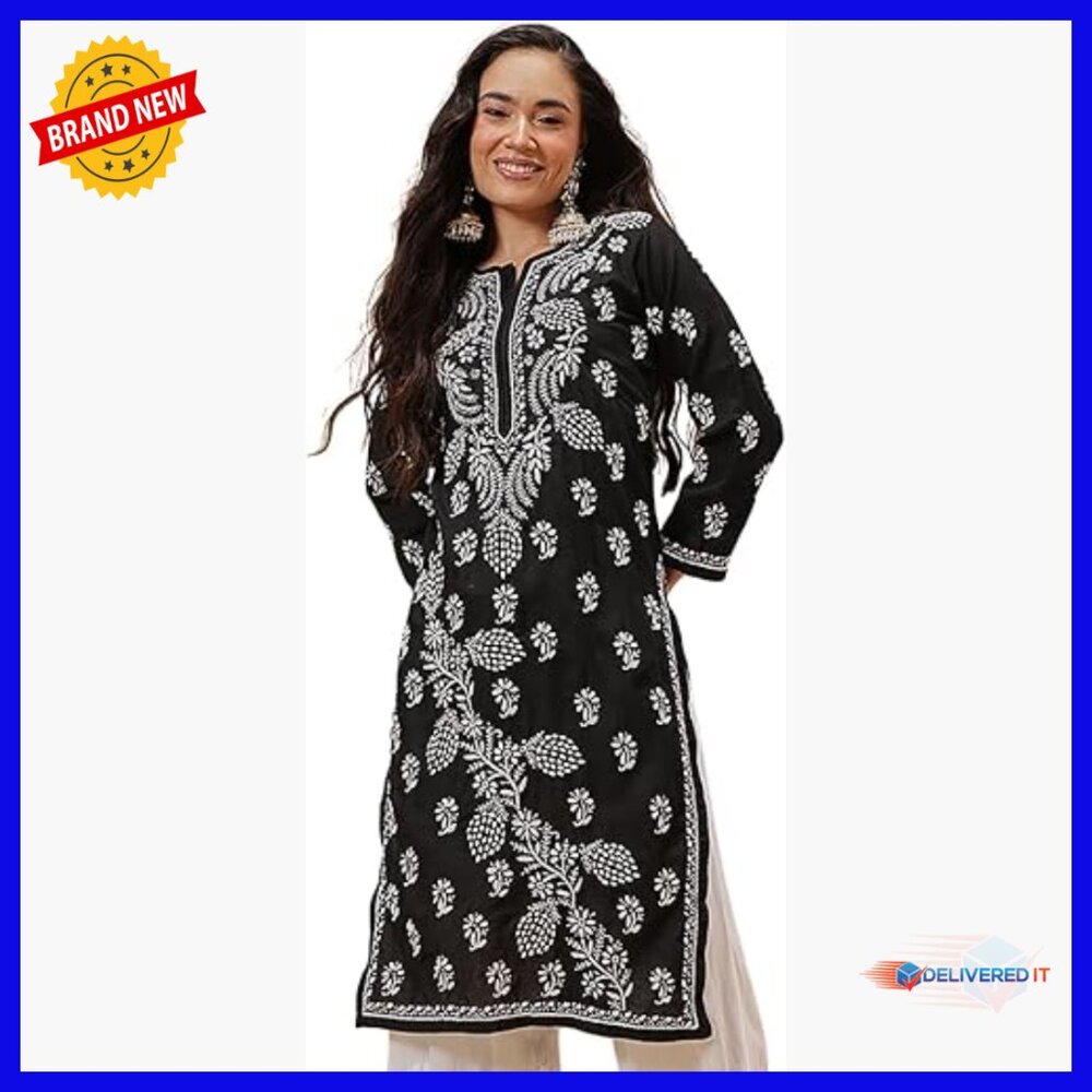 Hand Embroidered Chikankari Cotton Tunic 3/4 Sleeve Calf Length
